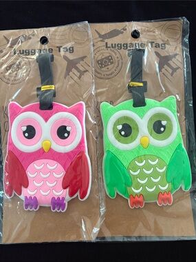 Silicone Green And Pink Owl Luggage Tag Holder Set Of 2